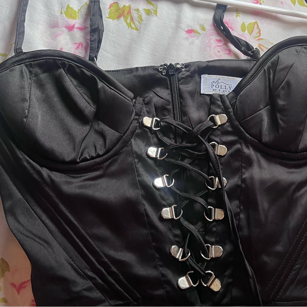 Oh Polly lace up black satin mini dress